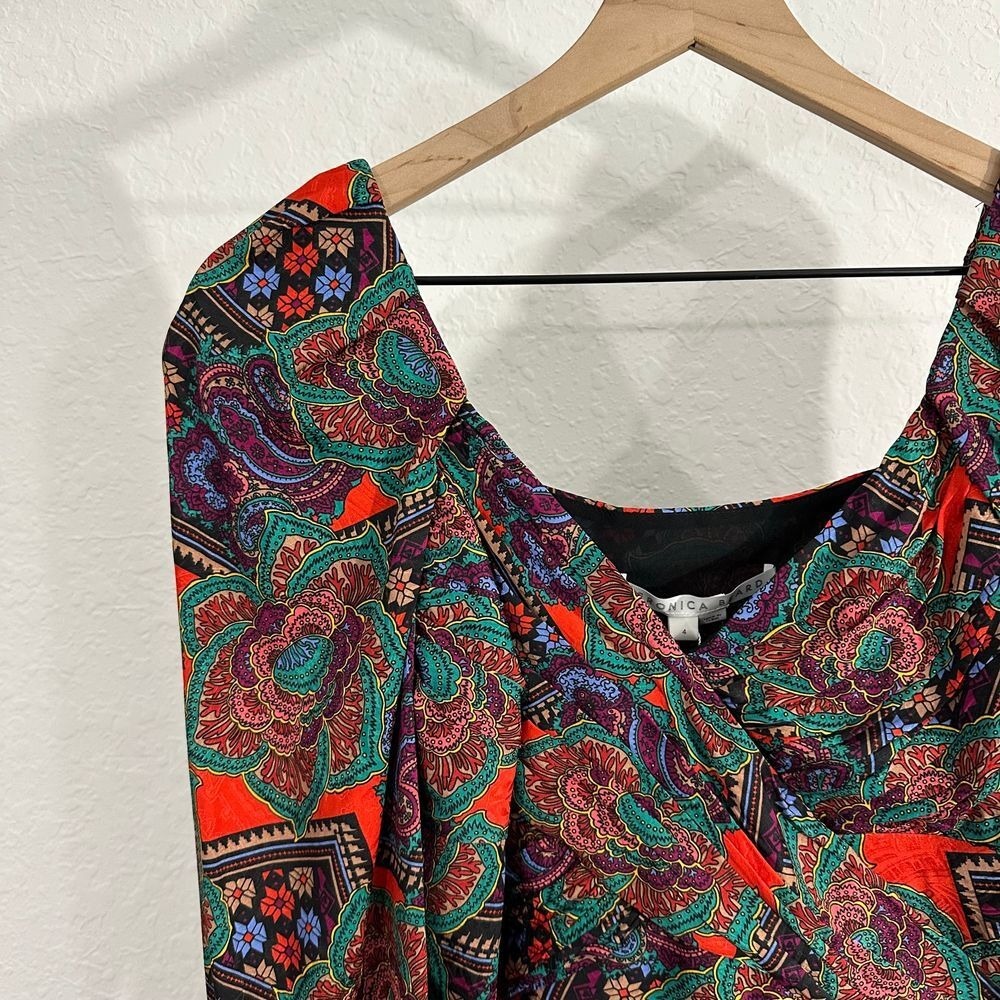 Veronica Beard Bellino Silk Long Sleeve Paisley Mini Dress Flame Red Size 4 Boho - Picture 3 of 12